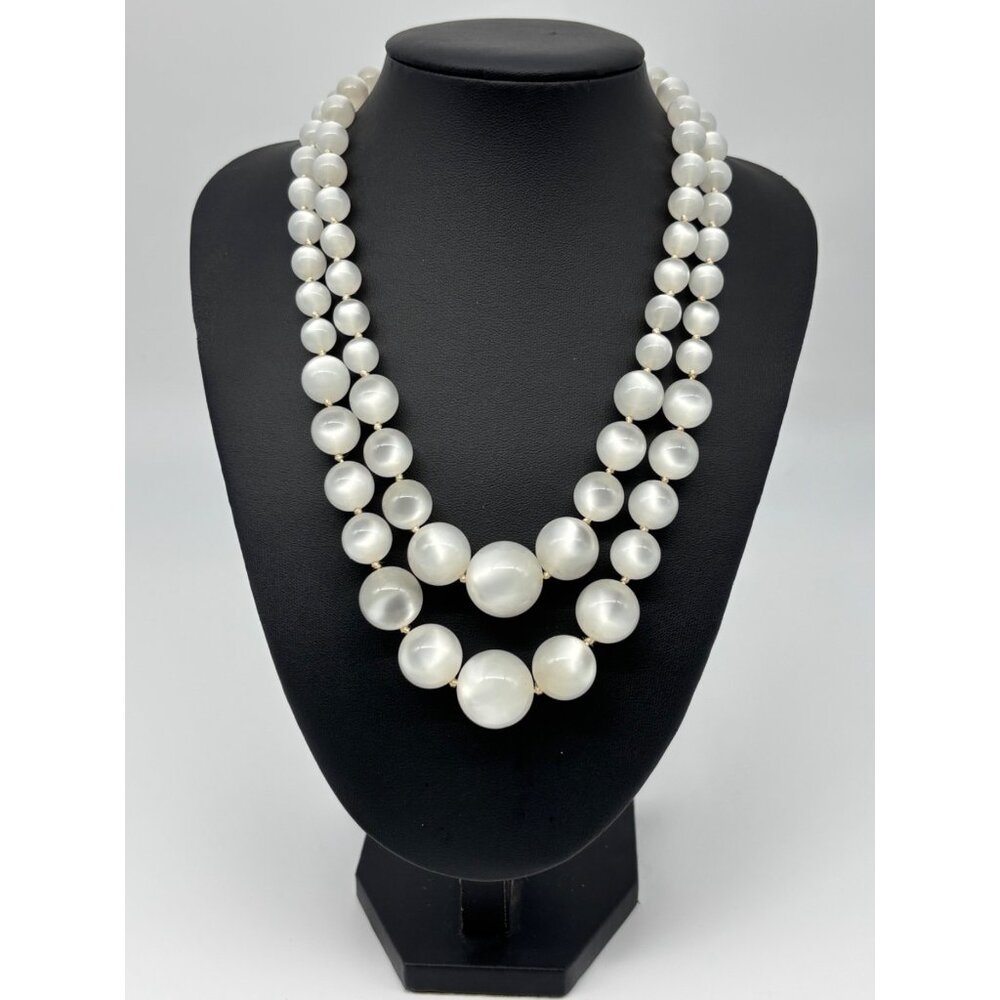 Vintage Lucite Beads, Pale Blue Moonglow, Double Strand Necklace, Sterling Clasp - Picture 2 of 9